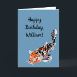 Koi Fish Illustration Orange and Blue Birthday Card<br><div class="desc">Add your own message to the front and the inside of this greeting card to create birthday cards or cards for any occasion that are perfect for anyone who loves relaxing by their koi pond. Features a realistic style illustration of a koi fish or ornamental carp in white, orange and...</div>