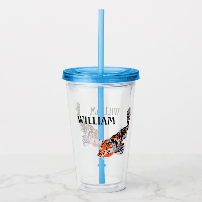 Koi Fish Illustration Orange and Blue Personalised Acrylic Tumbler (Front)