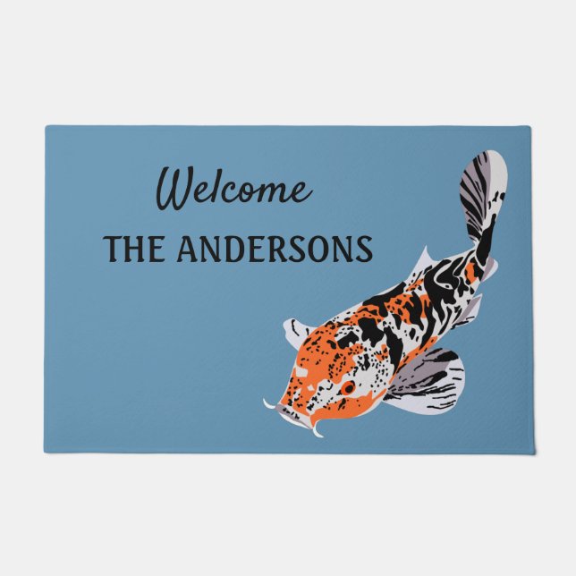 Koi Fish Illustration Orange and Blue Personalised Doormat (Front)