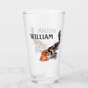 Koi Fish Illustration Orange and Blue Personalised Glass