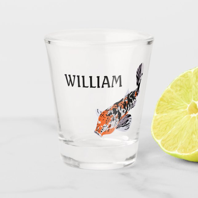 Koi Fish Illustration Orange and Blue Personalised Shot Glass (Front)