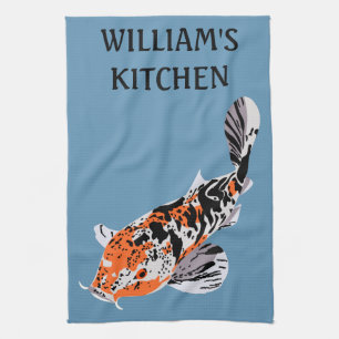 Koi Fish Illustration Orange and Blue Personalised Tea Towel