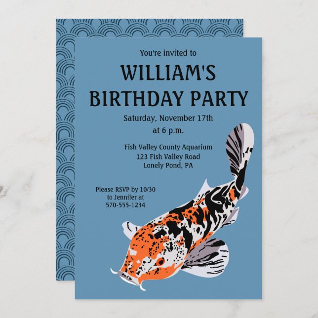 Koi Fish Illustration Orange, Blue Birthday Party Invitation (Front/Back)