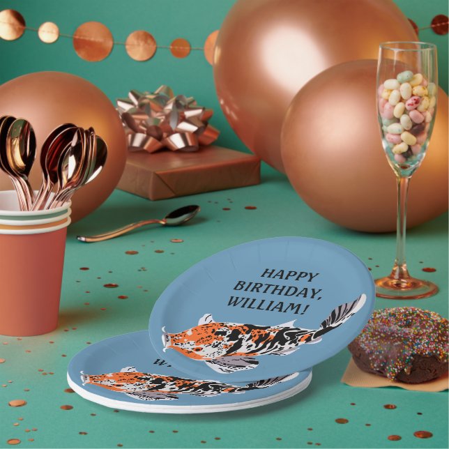 Koi Fish Illustration Orange, Blue Birthday Party Paper Plate (Multi)