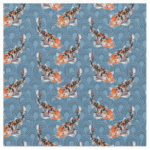 Koi Fish Illustrations on Blue Patterned Fabric