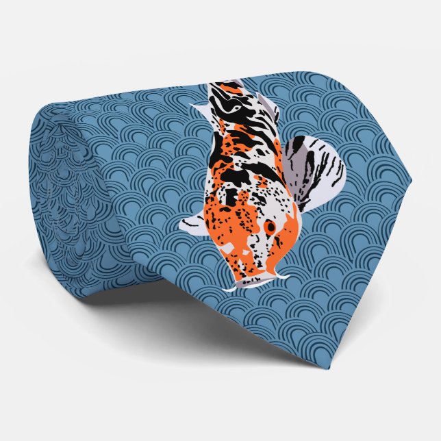 Koi Fish Illustrations on Blue Wave Background Tie (Rolled)