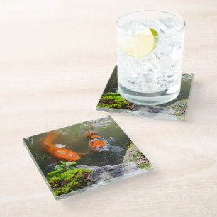 Koi fish in a pond glass coaster