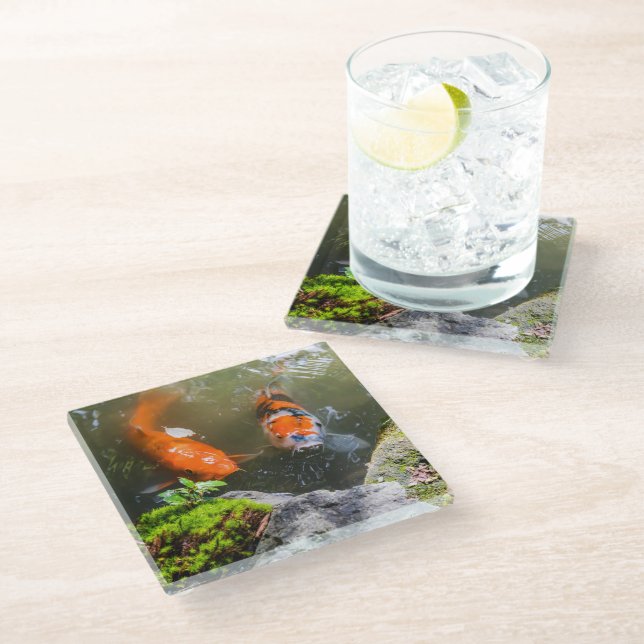 Koi fish in a pond glass coaster (Angled)