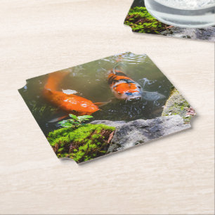 Koi fish in a pond paper coaster