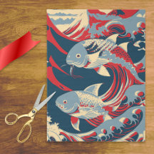 Koi Fish in Great Wave Style with Red Navy Blue