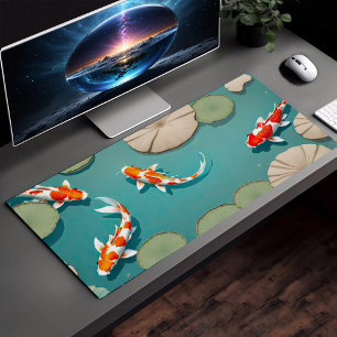 Koi Fish In Water Lotus Leaves Illustration Art Desk Mat
