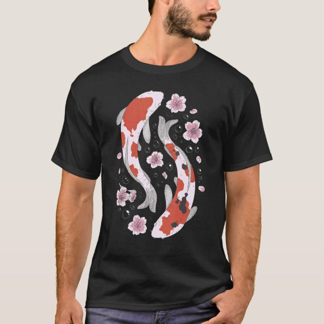 Koi Fish Japanese Cherry Blossom Graphic T-Shirt (Front)