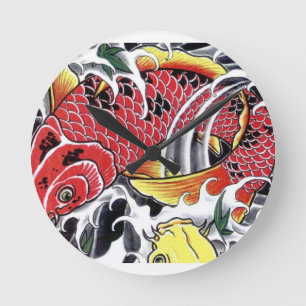 Koi Fish- Japanese tattoo design Round Clock
