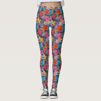Koi Fish Japanese Tattoo With Wave Floral Pattern Leggings