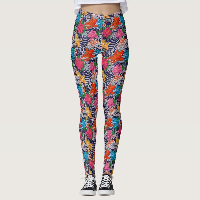 Koi Fish Japanese Tattoo With Wave Floral Pattern Leggings (Front)