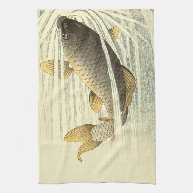 Koi Fish Japanese Vintage Tea Towel (Vertical)