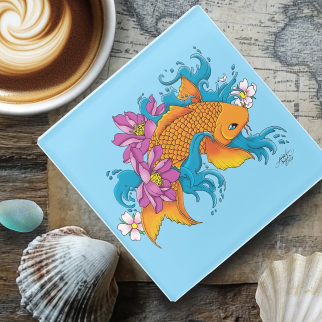 Koi Fish Lotus Cherry Blossoms Glass Coaster (Creator Uploaded)