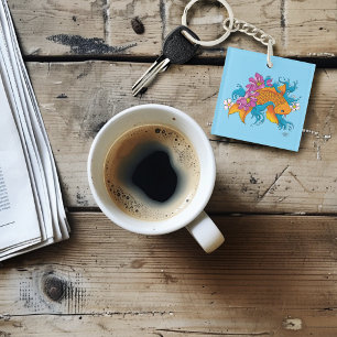 Koi Fish Lotus Cherry Blossoms Key Ring