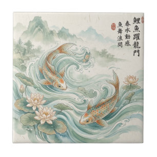 Koi Fish Lotus Ink Wash Art Tile