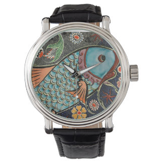 Koi Fish Mosaic Vintage Leather Strap Black Watch