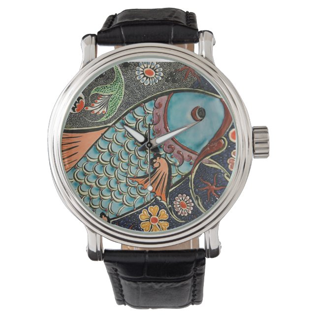 Koi Fish Mosaic Vintage Leather Strap Black Watch (Front)
