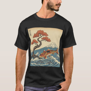 Koi Fish Ocean with Dolphins and Mountain Japanese T-Shirt