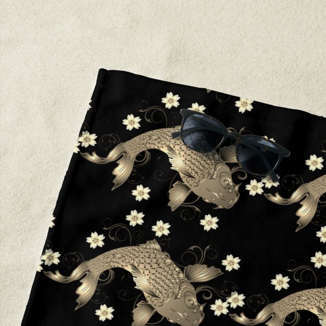 Koi fish oriental black and gold floral elegant  beach towel (In Situ)