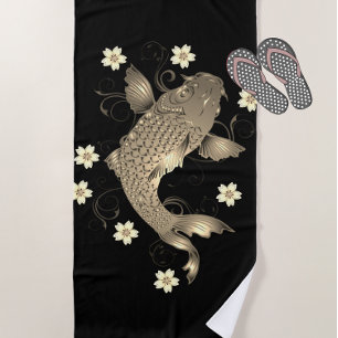 Koi fish oriental black and gold floral elegant  beach towel