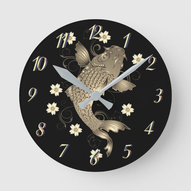 Koi fish oriental black and gold floral elegant  round clock (Front)