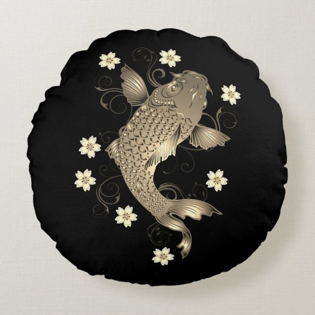 Koi fish oriental black and gold floral elegant  round cushion (Front)