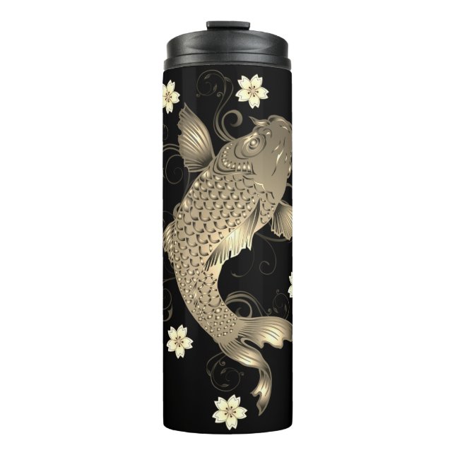 Koi fish oriental black and gold floral elegant  thermal tumbler (Front)