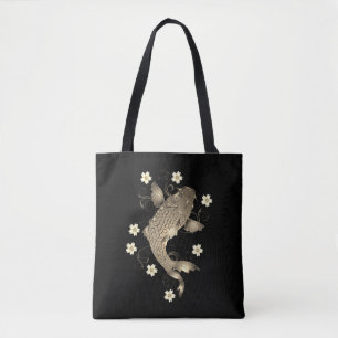 Koi fish oriental black and gold floral elegant tote bag