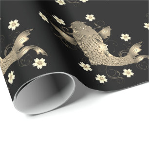 Koi fish oriental black and gold floral elegant wrapping paper
