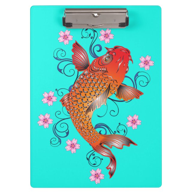 Koi fish oriental floral orange turquoise elegant  clipboard (Front)