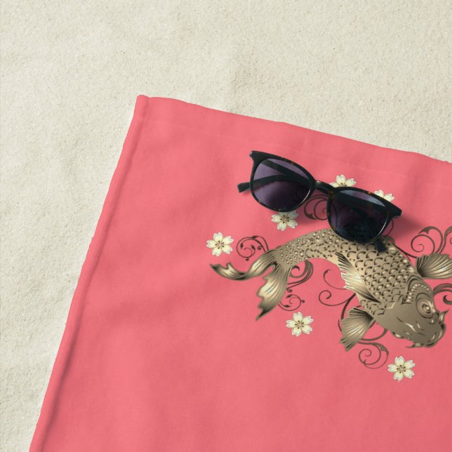 Koi fish oriental gold peach floral beach towel (In Situ)