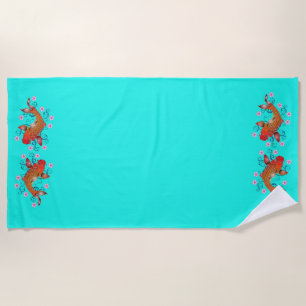Koi fish oriental orange turquoise floral elegant  beach towel