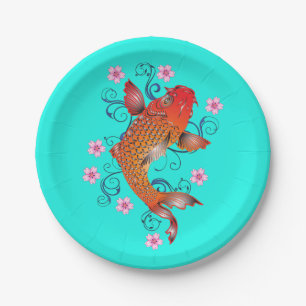 Koi fish oriental orange turquoise floral elegant  paper plate