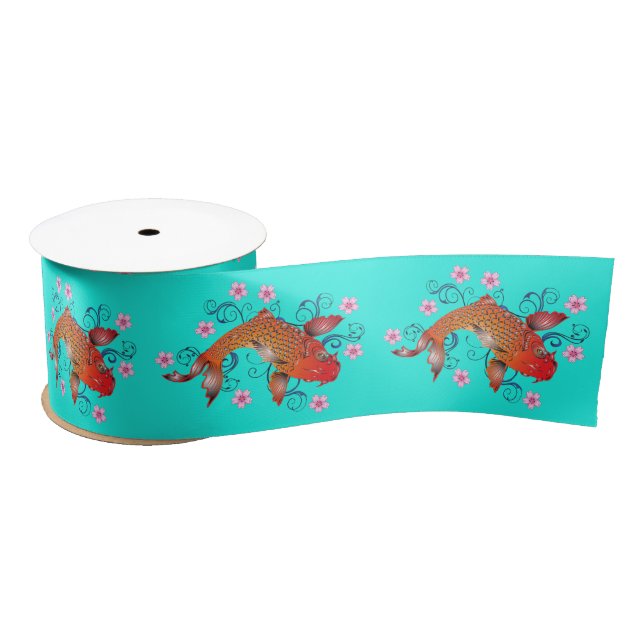 Koi fish oriental orange turquoise floral elegant  satin ribbon (Spool)