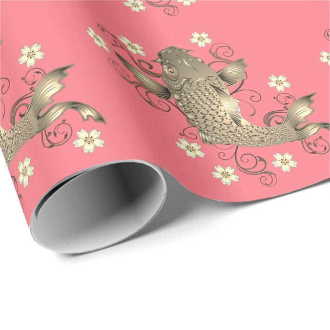 Koi fish peach and gold oriental floral elegant  wrapping paper (Roll Corner)