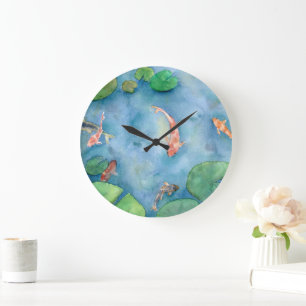 Koi Fish Pond watercolor Large Clock