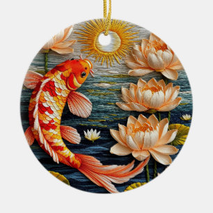 Koi Fish Surrounded by Lotus Flowers Ceramic Tree Decoration