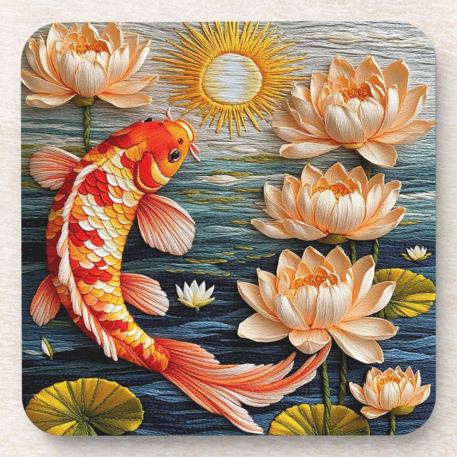 Koi Fish Surrounded by Lotus Flowers Coaster (Front)
