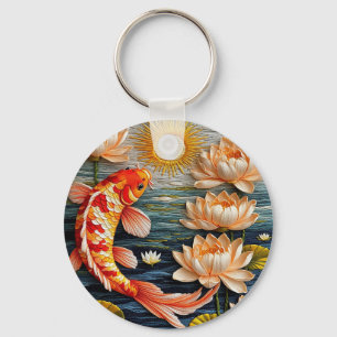 Koi Fish Surrounded by Lotus Flowers Key Ring
