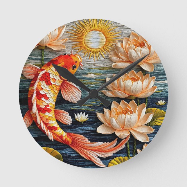 Koi Fish Surrounded by Lotus Flowers Round Clock (Front)