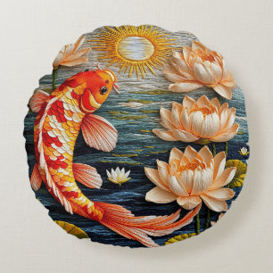 Koi Fish Surrounded by Lotus Flowers Round Cushion
