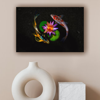 Koi Fish Swimming around Lotus Flower in Zen Pond Canvas Print
