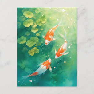 Koi Fish Swimming in Emerald Green Lily Pond Postcard
