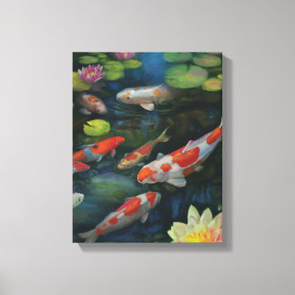 Koi Fish Swimming Lotus Flower Pond Zen Painting Canvas Print