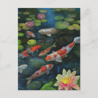 Koi Fish Swimming Lotus Flower Pond Zen Painting Postcard