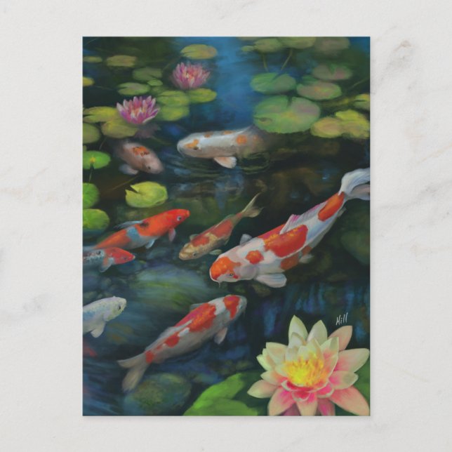 Koi Fish Swimming Lotus Flower Pond Zen Painting Postcard (Front)